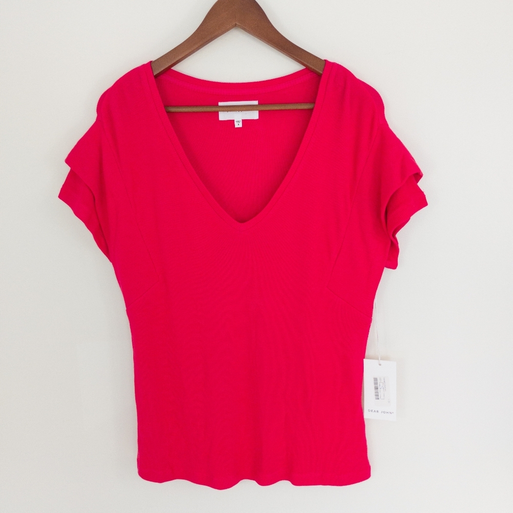 NWT Dear John Olva Top Sorbet Hot Pink Ribbed V-Neck Cap Ruffle Sleeve Small